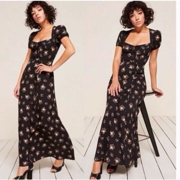 Reformation Rosetti Maxi Dress Black Floral Square Neck Short Sleeve Size 6 - Picture 13 of 13